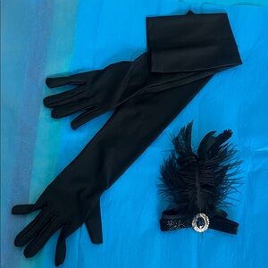 Sophisticated Black Gloves with Feathered Headband